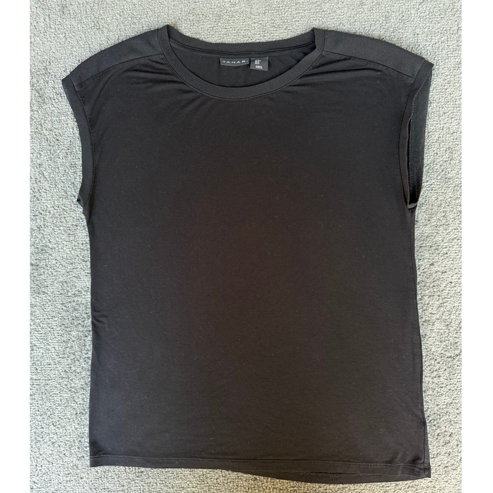 Tahari Womens Black Sleeveless Cap Sleeve Mesh Trim Knit Top Small
